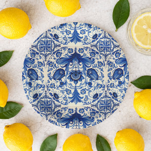 Prato De Papel Azulejos Azul Amalfi Aquarela Chá de Noiva