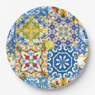 Prato De Papel Azulejos mediterrânicos, majolica, estilo Sicilian