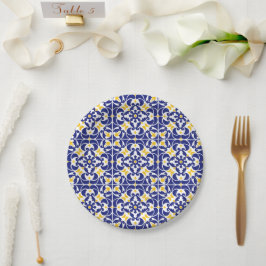 Prato De Papel Azulejos mediterrânicos Padrão Azul e Amarelo