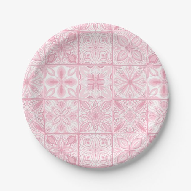 Prato De Papel azulejos ornamentados cor-de-rosa (Frente)