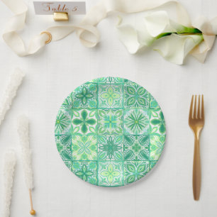 Prato De Papel azulejos ornamentados em verde e branco