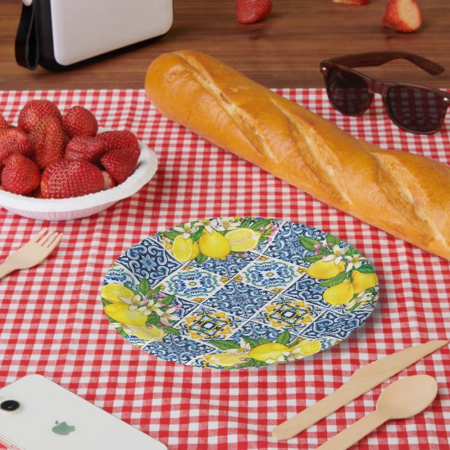 Prato De Papel Azulejos Sicilianos do Mediterrâneo, limões de cit (Piquenique)