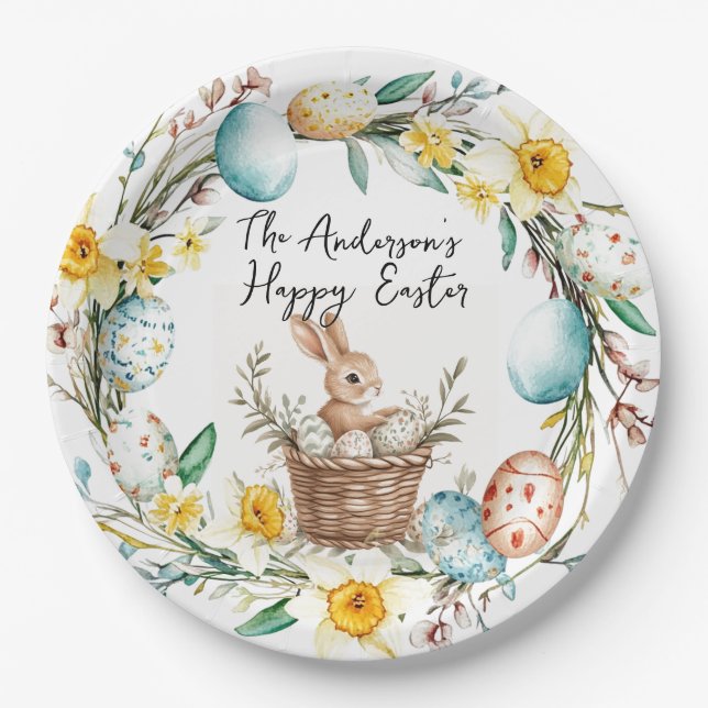 Prato De Papel Babá felz pascoa com cesto e Páscoa floral (Frente)