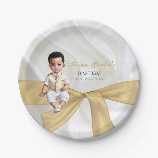 Prato De Papel Baby Boy Baptism Christening White e Dourado (Frente)