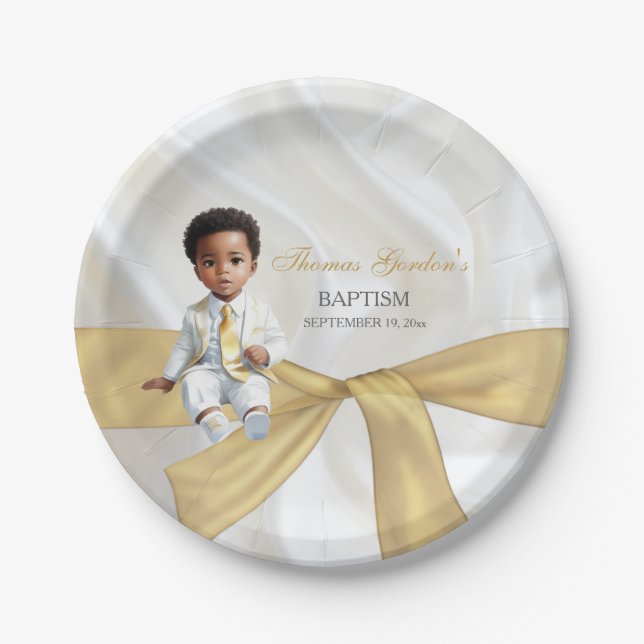 Prato De Papel Baby Boy Baptism Christening White e Dourado (Frente)
