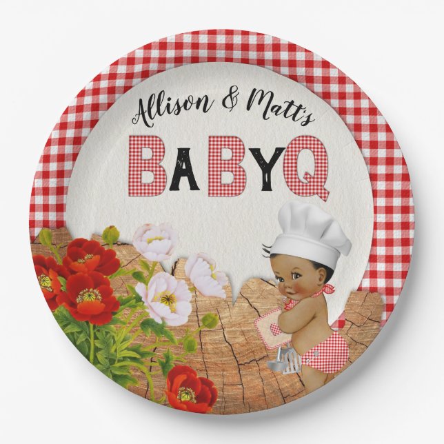 Prato De Papel Baby Boy Chá Red Gingham Baby Q Barbeque (Frente)