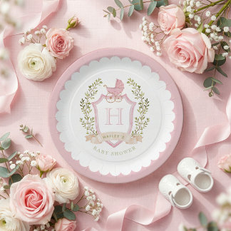 Prato De Papel Baby Carriage Crest Monogram | Pink Baby Shower