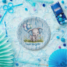 Prato De Papel Baby Elephant and Wildflower Boy Baby Shower