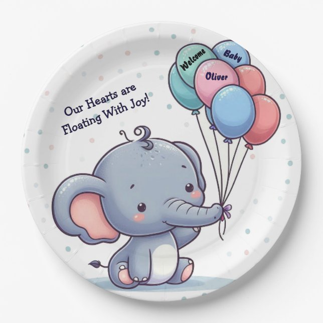 Prato De Papel Baby Elephant Balloon Baby Shower Paper Plates  (Frente)