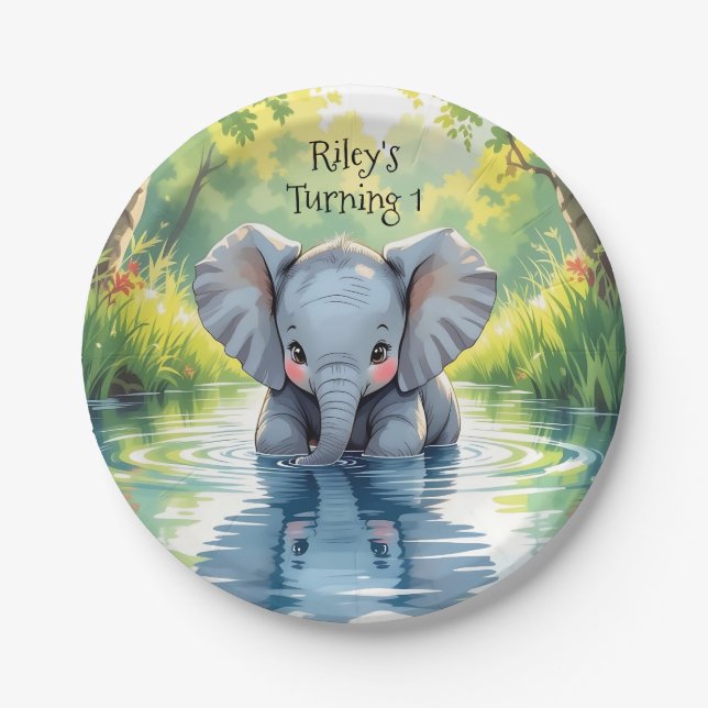 Prato De Papel Baby Elephant Themed  Birthday Party Personalized (Frente)