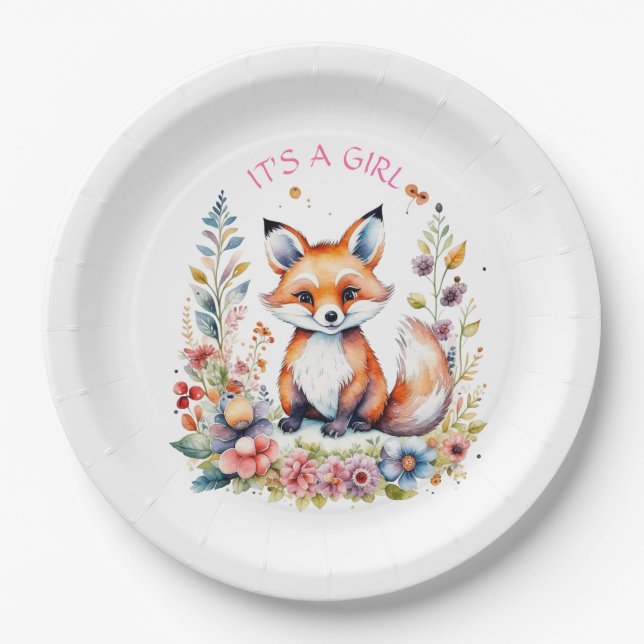 Prato De Papel Baby Fox in Flowers | Baby Shower It's a Girl (Frente)