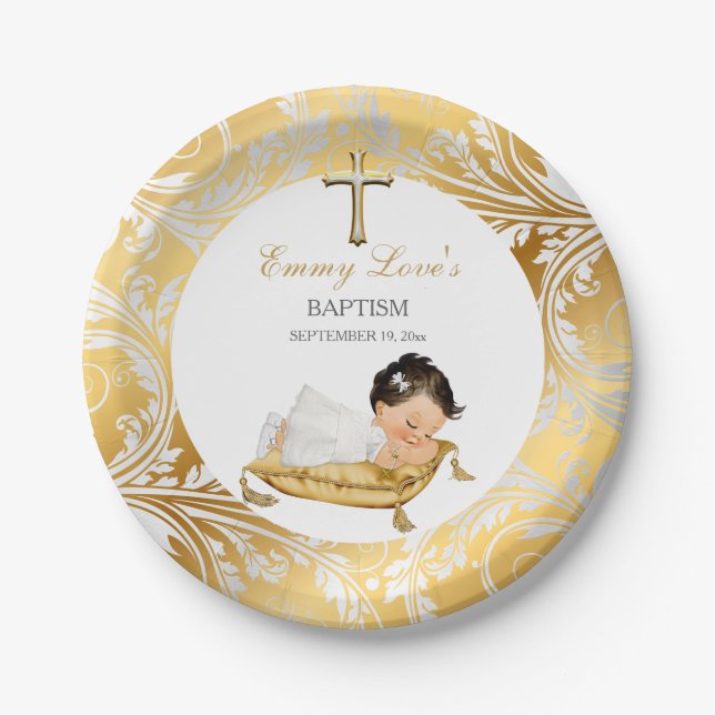 Prato De Papel Baby Girl Christening Baptism Dourado Silver (Frente)