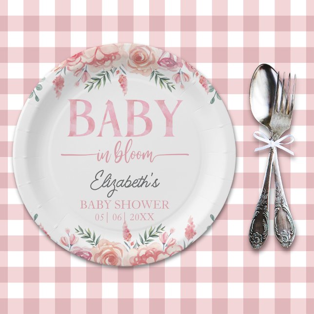 Prato De Papel Baby in Bloom – Girl Baby Shower, Pink Flowers (Criador carregado)