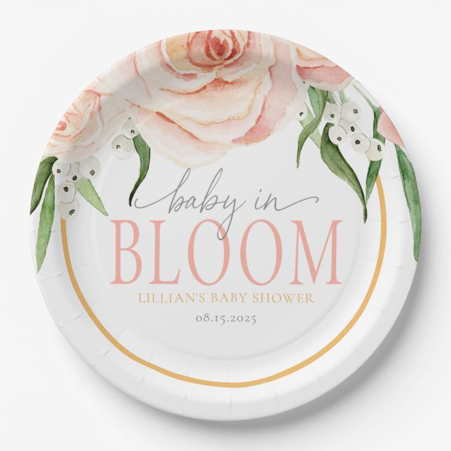 Prato De Papel Baby In Bloom Soft Pink Rose Garden Baby Shower (Frente)