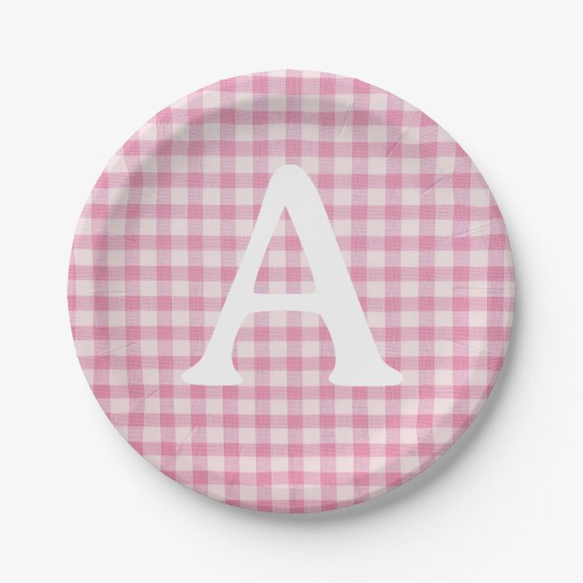 Prato De Papel Baby Pink Gingham Custom Initial (Frente)