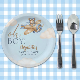 Prato De Papel Baby Shower Boy with Adorable Pilot Teddy Bear
