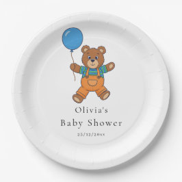 Prato De Papel Baby Shower for Boy Blue Balloon Teddy Bear 