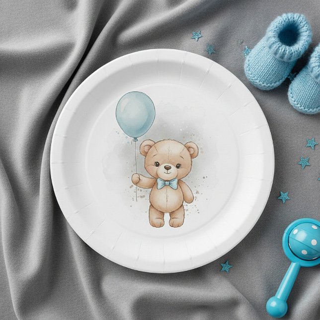 Prato De Papel Baby Shower for Boy Blue Balloon , Teddy Bear Bow (Criador carregado)