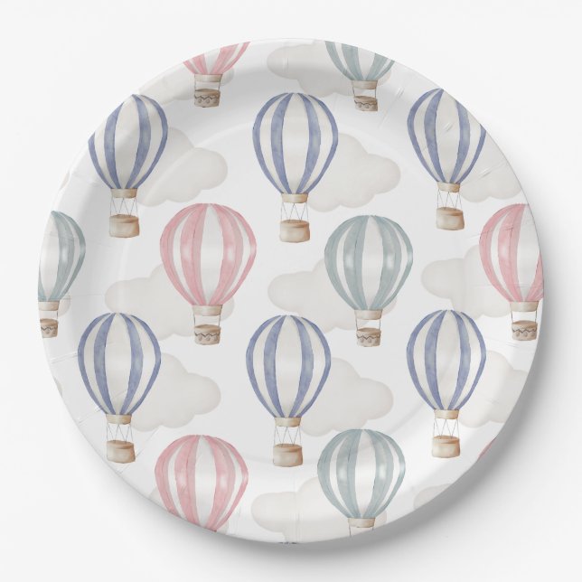 Prato De Papel Baby Shower Hot Air Balloons Gender Neutral (Frente)