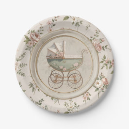Prato De Papel Baby Shower Paper Plate with Vintage Pram