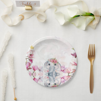 Prato De Papel Baby Shower Party Plate with Floral Elephant