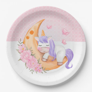Prato De Papel Baby Unicorn Over The Moon with Flowers