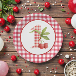 Prato De Papel Baby's Cherry First Red Gingham Birthday