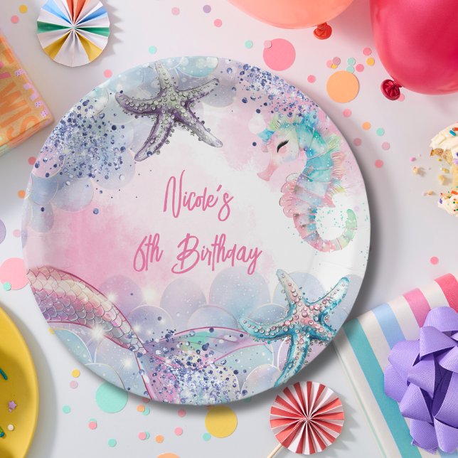 Prato De Papel Baça de aniversário de sereia magia submarina (Criador carregado)