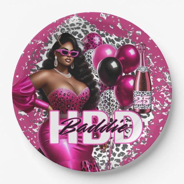 Prato De Papel Baddie de Aniversário Mulher Negra Rosa e Leopardo (Frente)