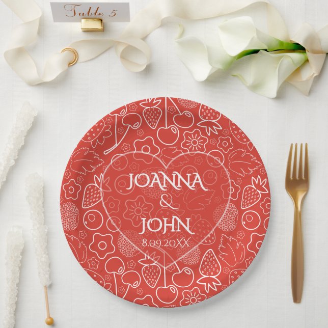 Prato De Papel Baga Morango Cereja Branco Desenhado à mão Moderno (Casamento)