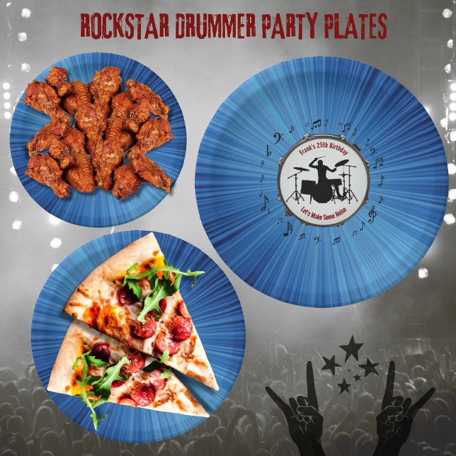 Prato De Papel Balançar com placas de papel de Festa de aniversár (Rock Out with Blue Color Burst Drummer Birthday Party Paper Plates)