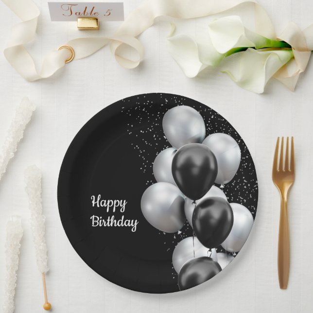 Prato De Papel Balão Chic Preto Cinza  (Casamento)
