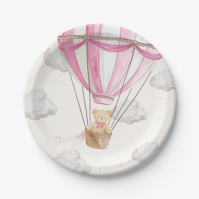 Prato De Papel Balão de Ar Quente com Urso Rosa (Frente)