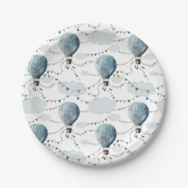 Prato De Papel Balão de Ar Quente de Aquarela Branco // Aniversár