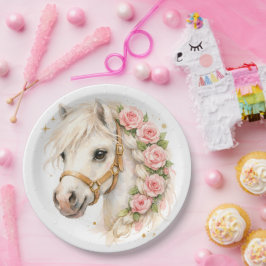 Prato De Papel Balão de Cavalo Branco em Aquarela Elegante com Ro