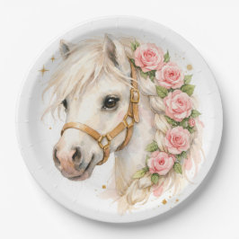 Prato De Papel Balão de Cavalo Branco em Aquarela Elegante com Ro