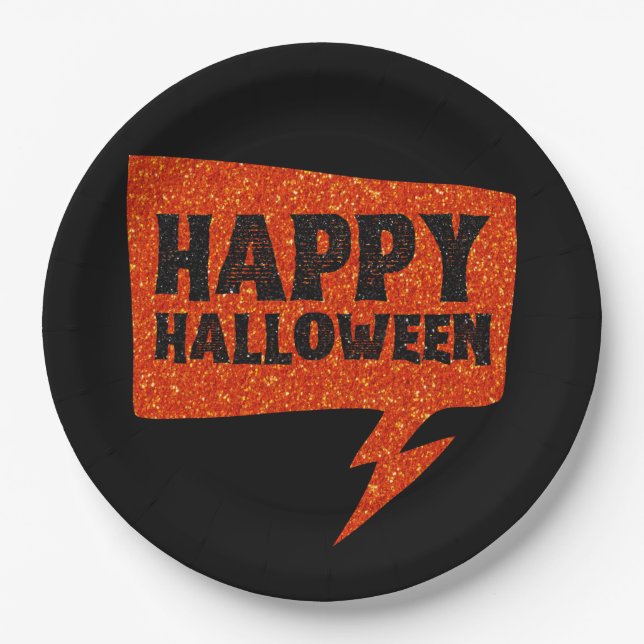 Prato De Papel Balão de Fala Brilho Feliz Halloween (Frente)