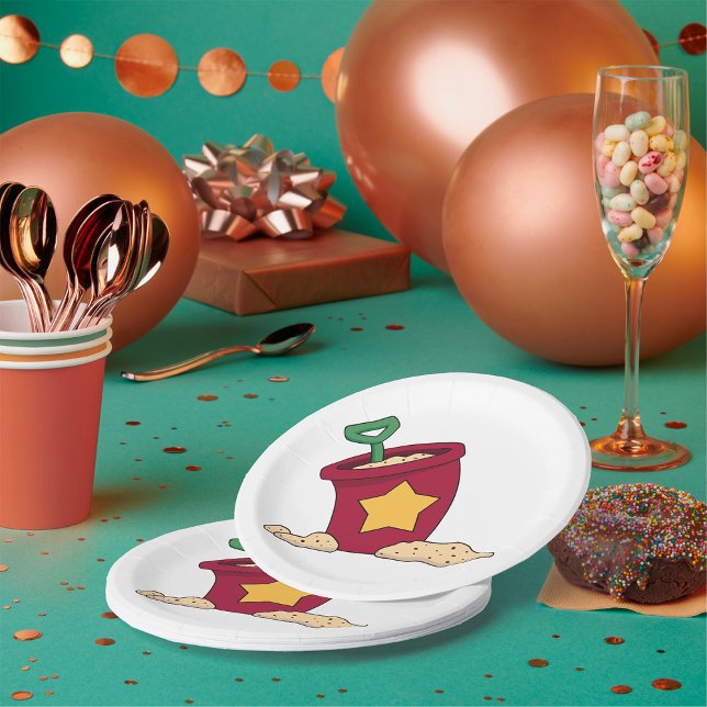 Prato De Papel Balde de areia vermelha com estrela e pá (Criador carregado)