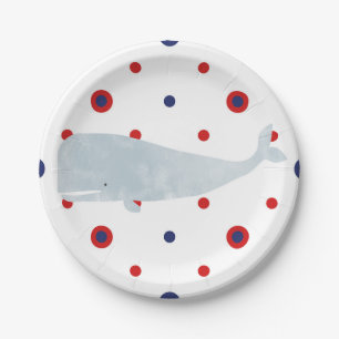 Prato De Papel Baleia Aguarela Cinza Náutico Pontos Vermelhos Azu