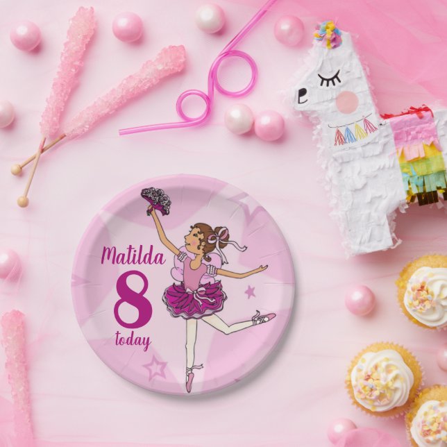 Prato De Papel Ballerina rosa 8 anos nome personalizado (Festa)