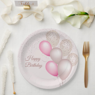 Prato De Papel Balões Bege Rosa Chique de Aniversário