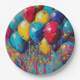 Prato De Papel Balões Coloridos de Aniversário Neutros em Gênero
