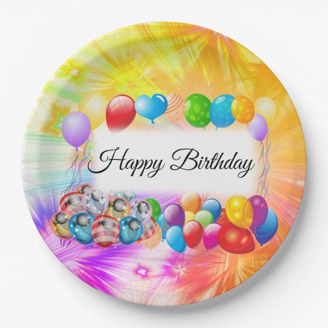 Prato De Papel Balões Cons, Coloridos, Fireworks, Aniversário (Frente)