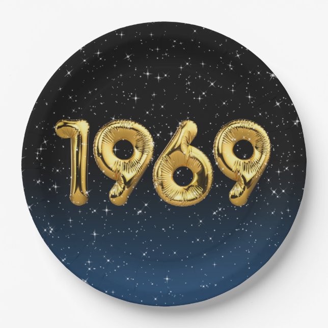Prato De Papel Balões De Aniversário De 1969 Em Estrelas (Frente)