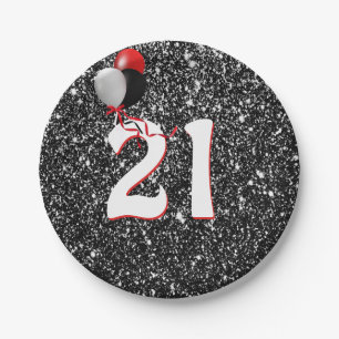 Prato De Papel Balões de aniversário de 21 anos sobre brilho pret