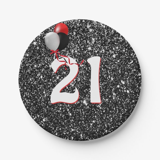 Prato De Papel Balões de aniversário de 21 anos sobre brilho pret (Frente)