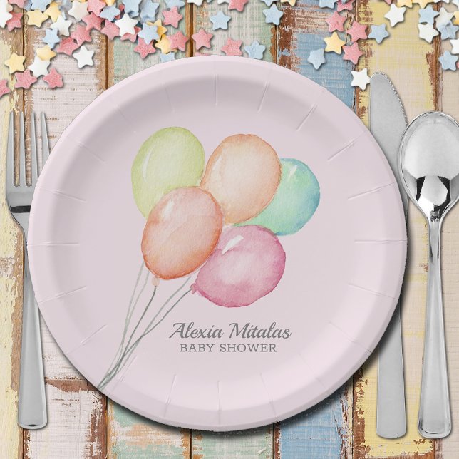 Prato De Papel Balões de Aquarela em Chá de fraldas Rosa (Watercolor Balloons on Pink Girl Unisex Baby Shower Paper Plates)