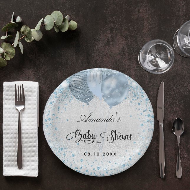 Prato De Papel Balões de brilho de chá de fraldas azul-menino (Criador carregado)