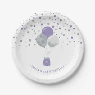 Prato De Papel Balões de Confete Prata e Roxo Aniversário de Meni