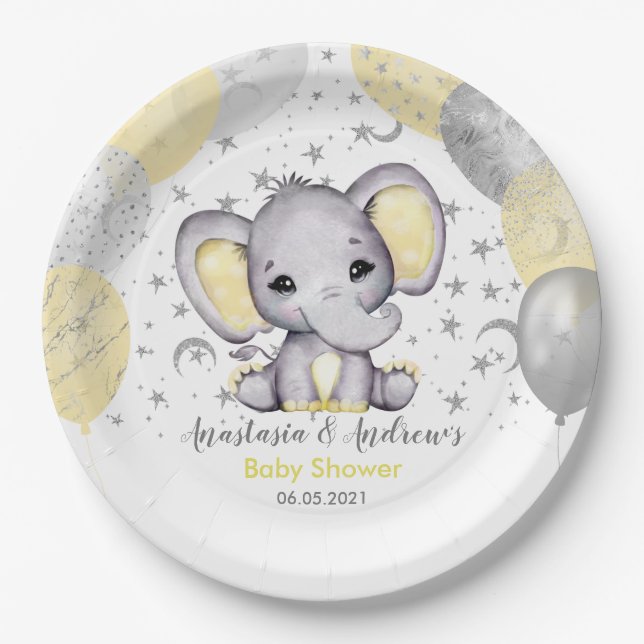 Prato De Papel Balões de Elefante Amarelo-Cinto (Frente)